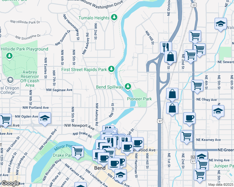 map of restaurants, bars, coffee shops, grocery stores, and more near 1748 Northwest Steidl Road in Bend