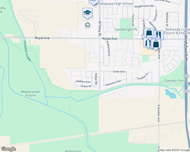 map of restaurants, bars, coffee shops, grocery stores, and more near 604 Raber Road in Eugene