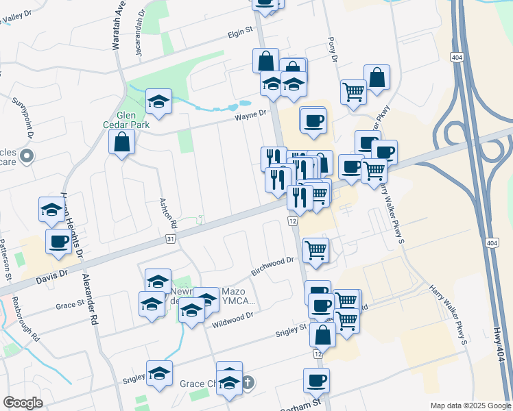 map of restaurants, bars, coffee shops, grocery stores, and more near 1025 Davis Drive in Newmarket