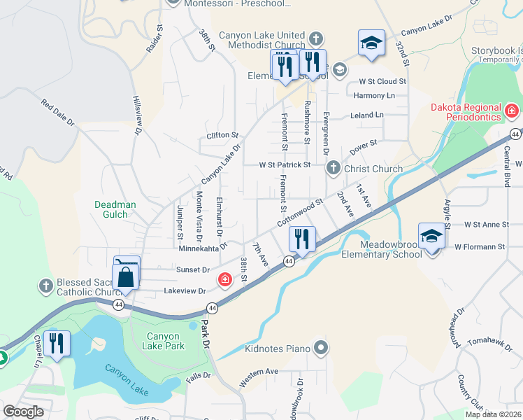 map of restaurants, bars, coffee shops, grocery stores, and more near 2016 Twin Elms Drive in Rapid City
