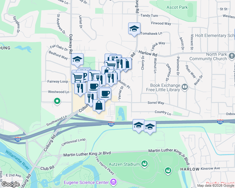 map of restaurants, bars, coffee shops, grocery stores, and more near 260 Vernal Street in Eugene