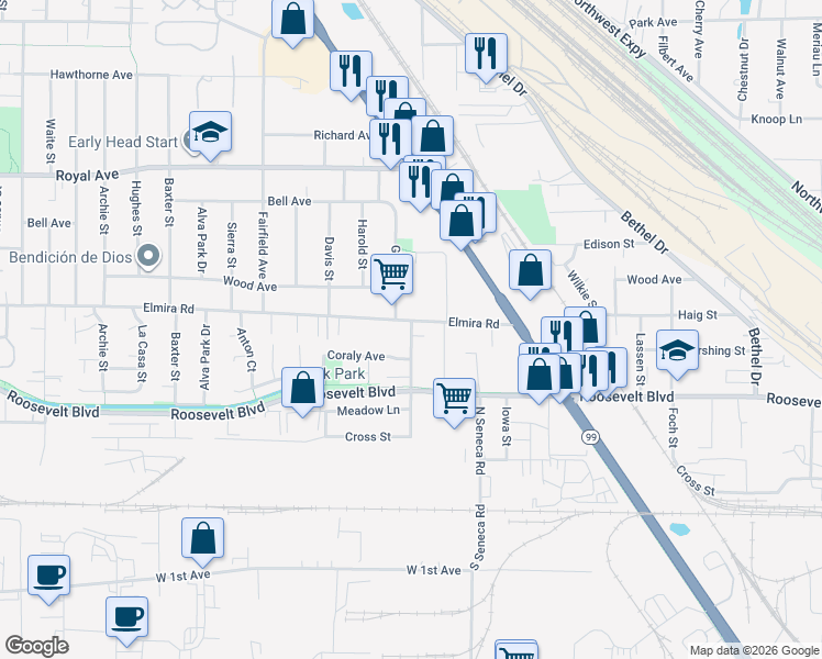 map of restaurants, bars, coffee shops, grocery stores, and more near 365 Maple Street in Eugene