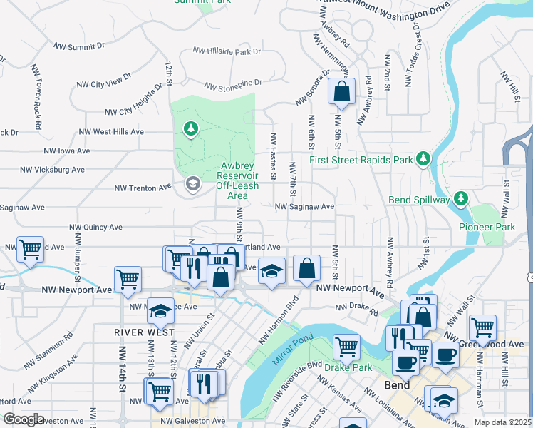 map of restaurants, bars, coffee shops, grocery stores, and more near 760 Northwest Roanoke Avenue in Bend