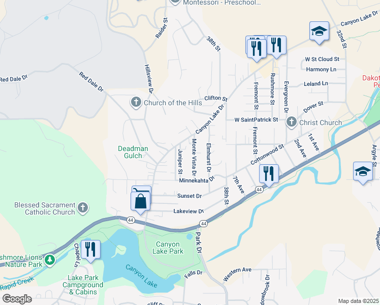 map of restaurants, bars, coffee shops, grocery stores, and more near 2009 Monte Vista Dr in Rapid City