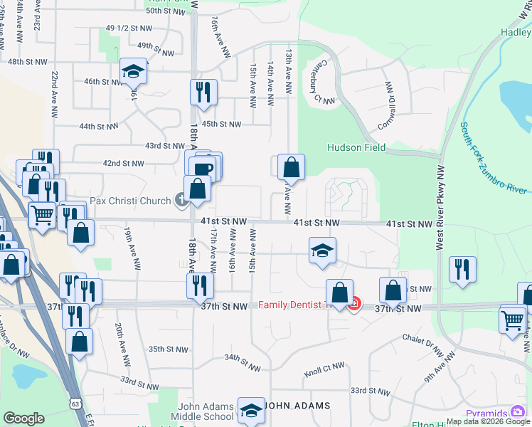 map of restaurants, bars, coffee shops, grocery stores, and more near 4102 14th Avenue Northwest in Rochester