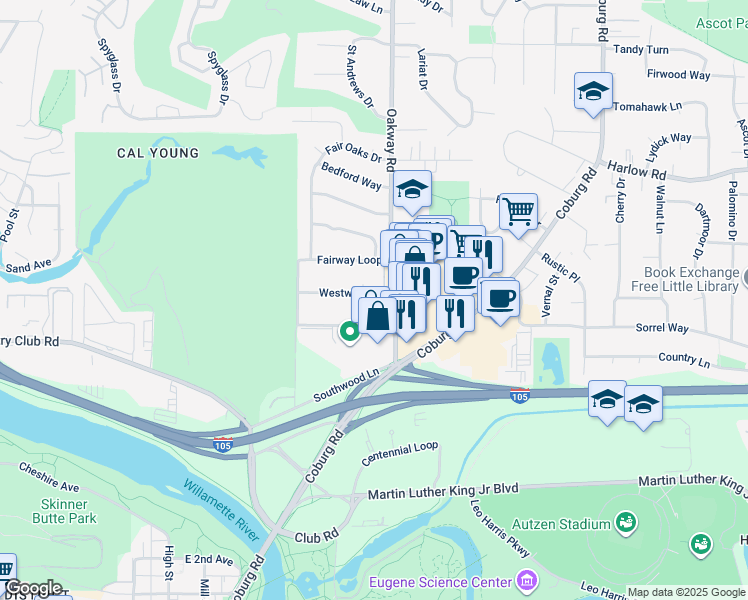 map of restaurants, bars, coffee shops, grocery stores, and more near 2160 Westwood Lane in Eugene