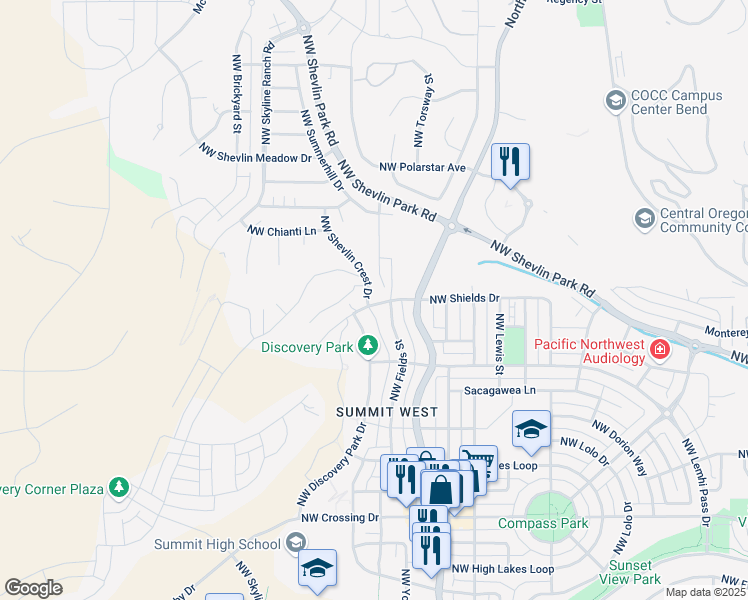 map of restaurants, bars, coffee shops, grocery stores, and more near 1908 Northwest Shevlin Crest Drive in Bend