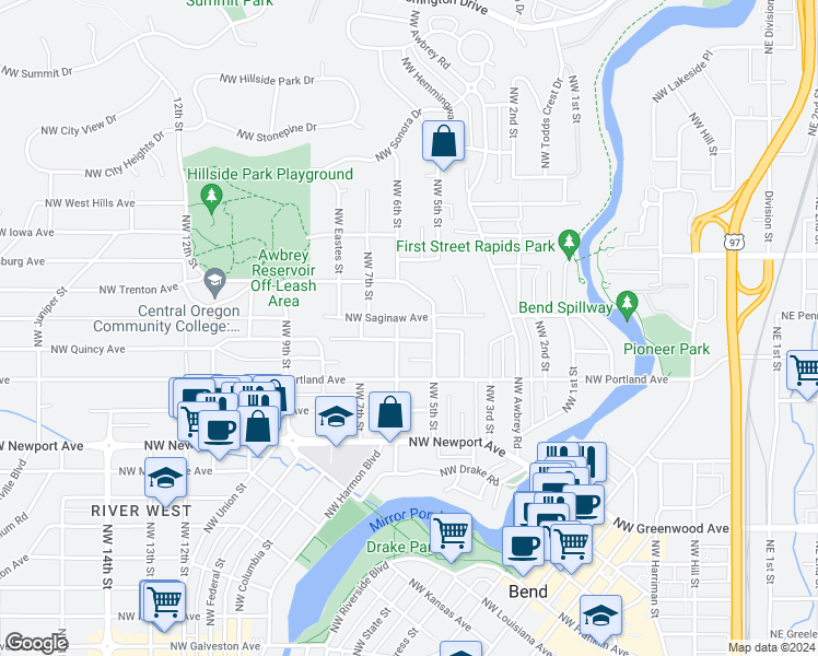 map of restaurants, bars, coffee shops, grocery stores, and more near 544 Northwest Roanoke Avenue in Bend