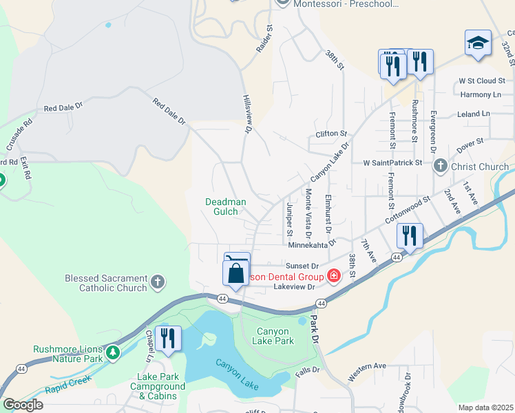 map of restaurants, bars, coffee shops, grocery stores, and more near 2026 Red Dale Dr in Rapid City