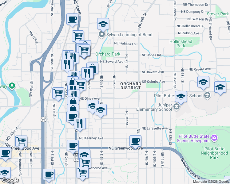 map of restaurants, bars, coffee shops, grocery stores, and more near 1529 Northeast 6th Street in Bend