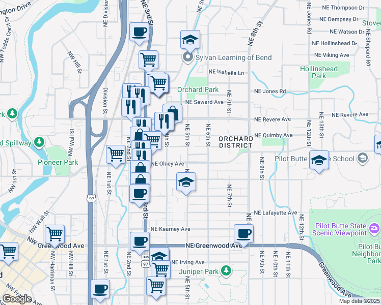 map of restaurants, bars, coffee shops, grocery stores, and more near 1521 Northeast 5th Street in Bend