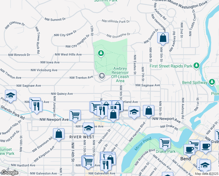 map of restaurants, bars, coffee shops, grocery stores, and more near 953 Northwest Saginaw Avenue in Bend