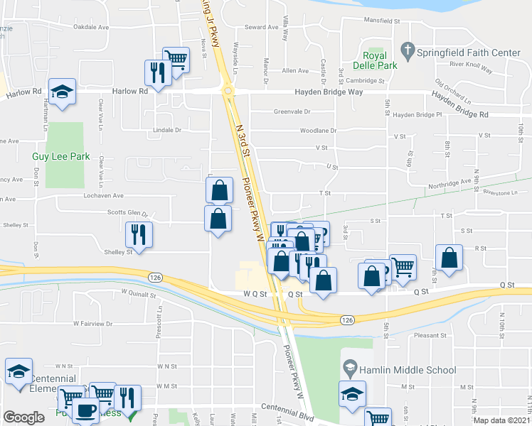 map of restaurants, bars, coffee shops, grocery stores, and more near 41 Shady Loop in Springfield