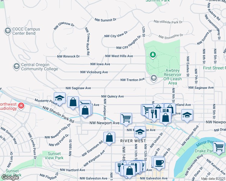 map of restaurants, bars, coffee shops, grocery stores, and more near 1477 Northwest Saginaw Avenue in Bend
