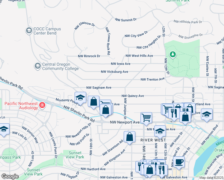 map of restaurants, bars, coffee shops, grocery stores, and more near 1591 Northwest Saginaw Avenue in Bend