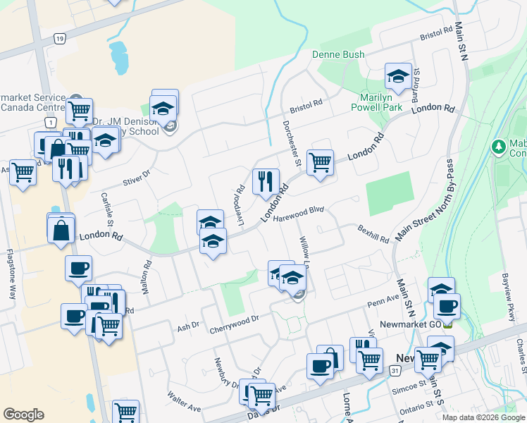 map of restaurants, bars, coffee shops, grocery stores, and more near 257 London Road in Newmarket