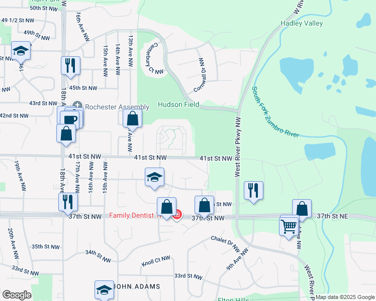map of restaurants, bars, coffee shops, grocery stores, and more near 911 41st Street Northwest in Rochester