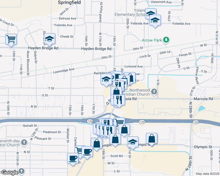 map of restaurants, bars, coffee shops, grocery stores, and more near 2080 19th Street in Springfield