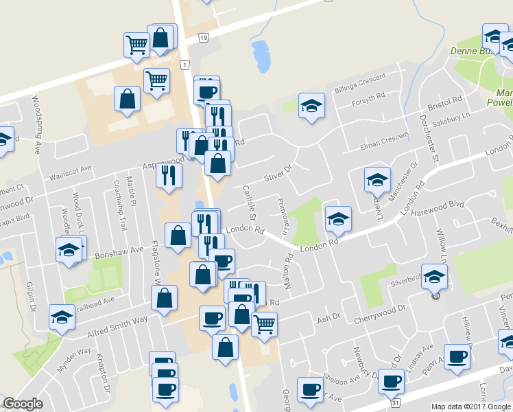 map of restaurants, bars, coffee shops, grocery stores, and more near 305 Carlisle Street in Newmarket