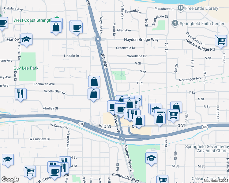 map of restaurants, bars, coffee shops, grocery stores, and more near 41 Shady Loop in Springfield