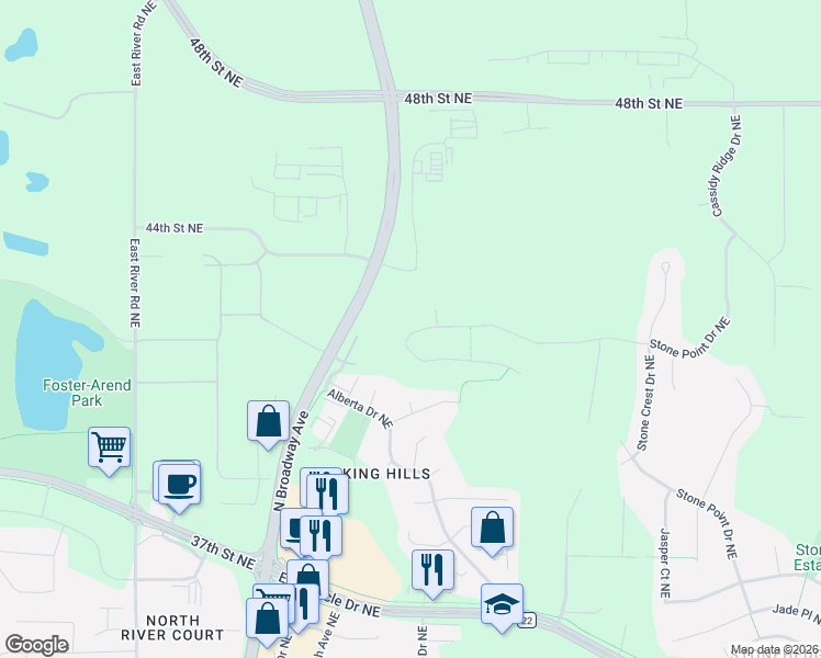 map of restaurants, bars, coffee shops, grocery stores, and more near 3993 Stone Point Drive Northeast in Rochester