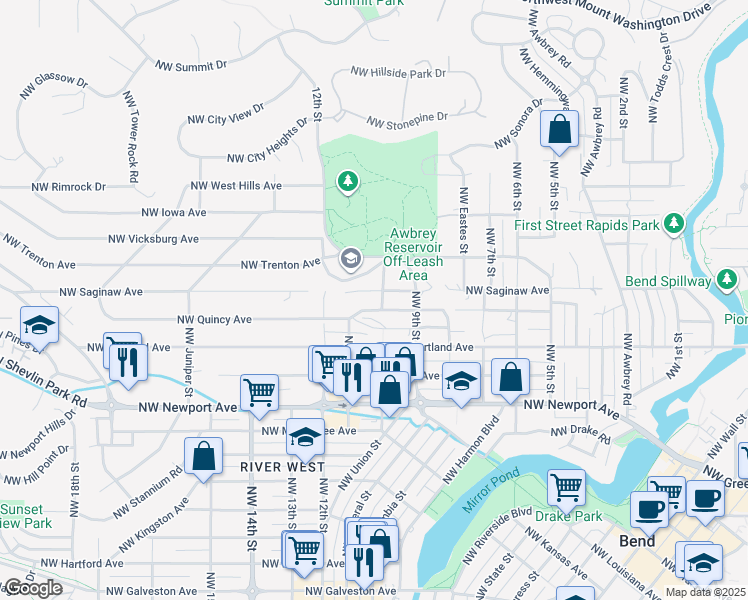 map of restaurants, bars, coffee shops, grocery stores, and more near 953 Northwest Saginaw Avenue in Bend