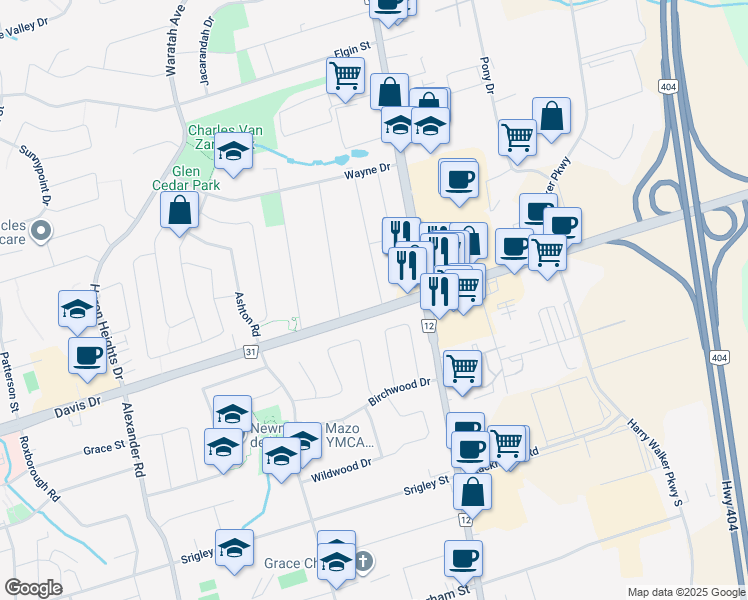 map of restaurants, bars, coffee shops, grocery stores, and more near 1025 Davis Drive in Newmarket