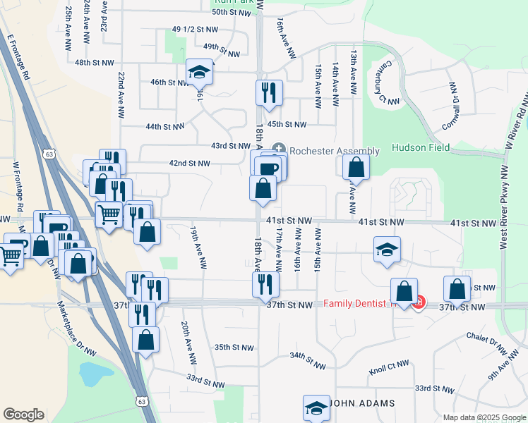 map of restaurants, bars, coffee shops, grocery stores, and more near 1717 41st Street Northwest in Rochester