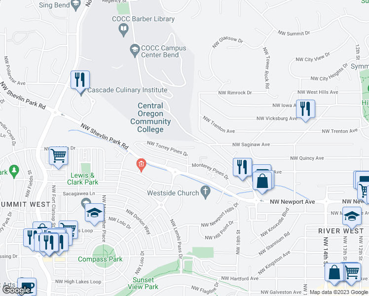map of restaurants, bars, coffee shops, grocery stores, and more near 2118 Northwest Black Pines Drive in Bend