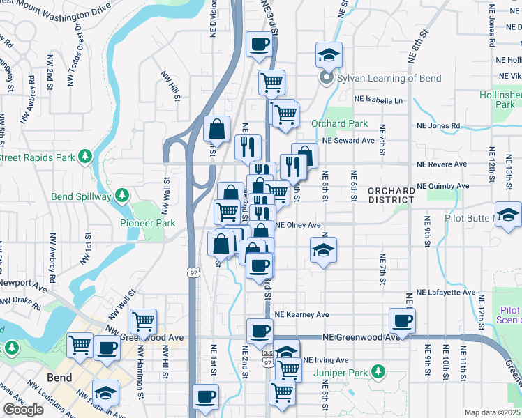 map of restaurants, bars, coffee shops, grocery stores, and more near 1535 The Dalles-California Highway in Bend