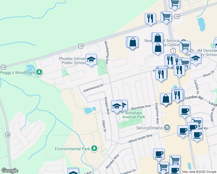 map of restaurants, bars, coffee shops, grocery stores, and more near 465 Woodspring Avenue in Newmarket