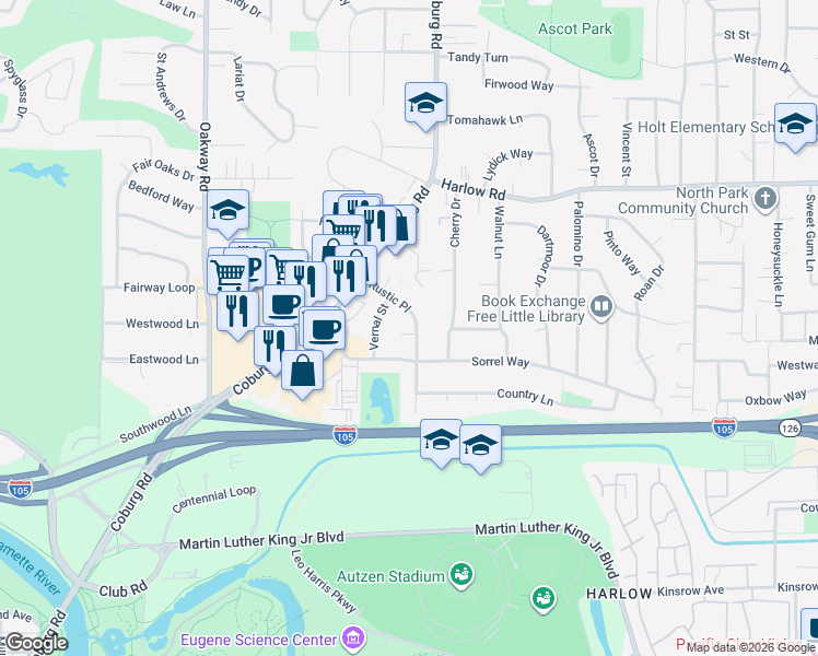 map of restaurants, bars, coffee shops, grocery stores, and more near 290 Rose Court in Eugene