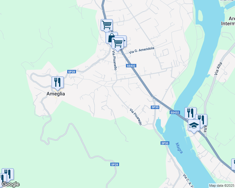 map of restaurants, bars, coffee shops, grocery stores, and more near 113 Via Pisanello in Ameglia