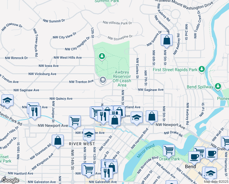 map of restaurants, bars, coffee shops, grocery stores, and more near 953 Northwest Saginaw Avenue in Bend