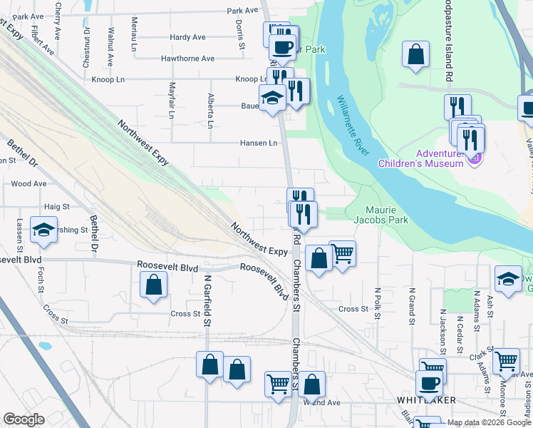 map of restaurants, bars, coffee shops, grocery stores, and more near 111 Holeman Avenue in Eugene