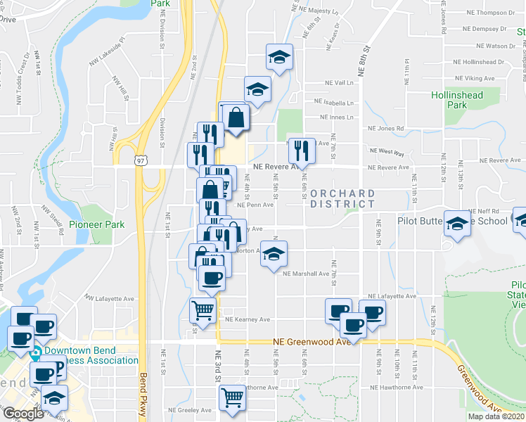 map of restaurants, bars, coffee shops, grocery stores, and more near 1521 Northeast 5th Street in Bend