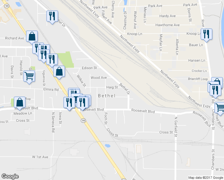 map of restaurants, bars, coffee shops, grocery stores, and more near 2460 Haig Street in Eugene