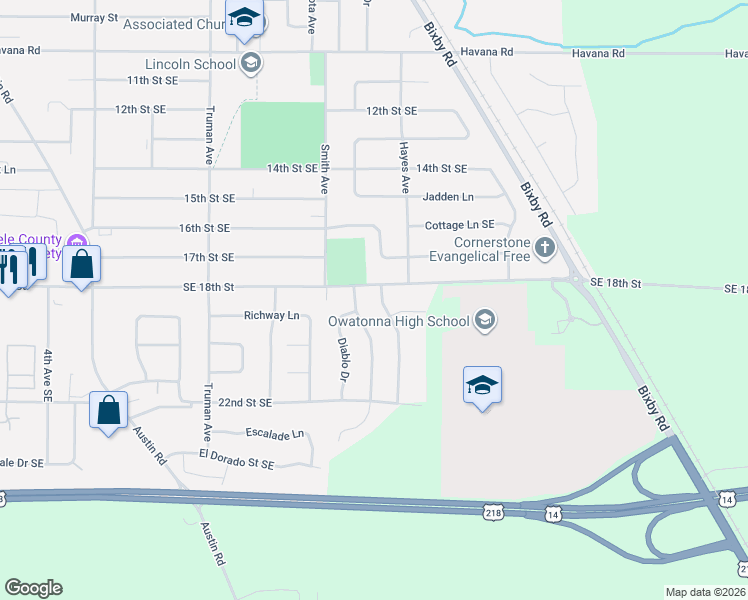 map of restaurants, bars, coffee shops, grocery stores, and more near 1860 Field Stone Avenue Southeast in Owatonna