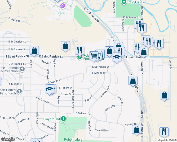 map of restaurants, bars, coffee shops, grocery stores, and more near 900 East Meade Street in Rapid City