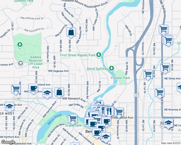 map of restaurants, bars, coffee shops, grocery stores, and more near 1806 Northwest Awbrey Road in Bend