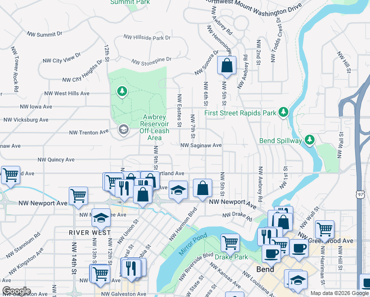 map of restaurants, bars, coffee shops, grocery stores, and more near 760 Northwest Roanoke Avenue in Bend