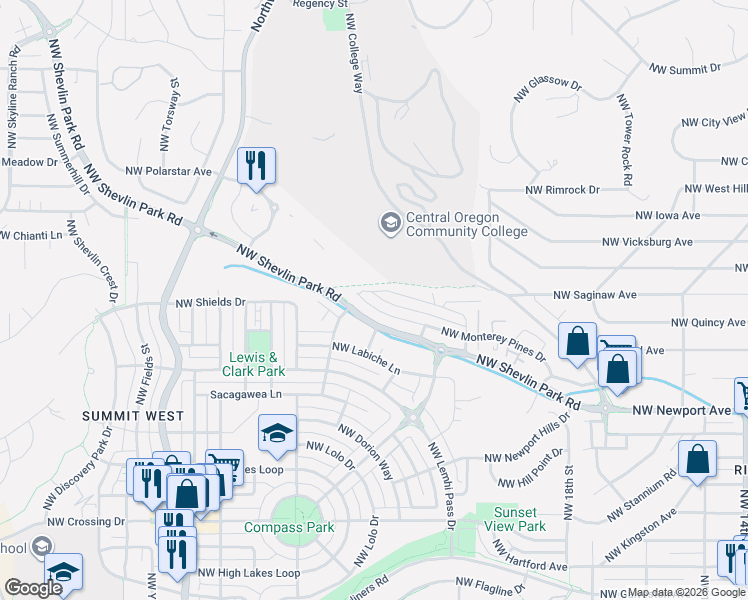 map of restaurants, bars, coffee shops, grocery stores, and more near 2583 Northwest Monterey Pines Drive in Bend