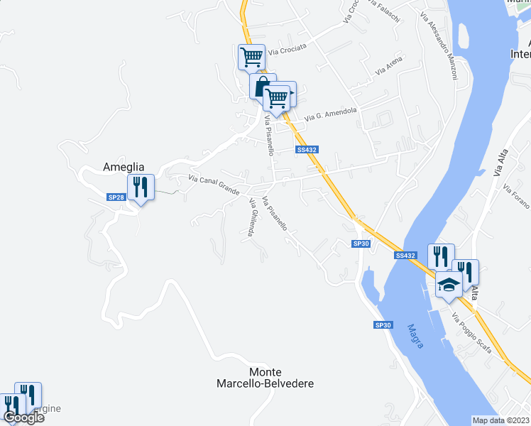 map of restaurants, bars, coffee shops, grocery stores, and more near 113-115 Via Pisanello in Ameglia