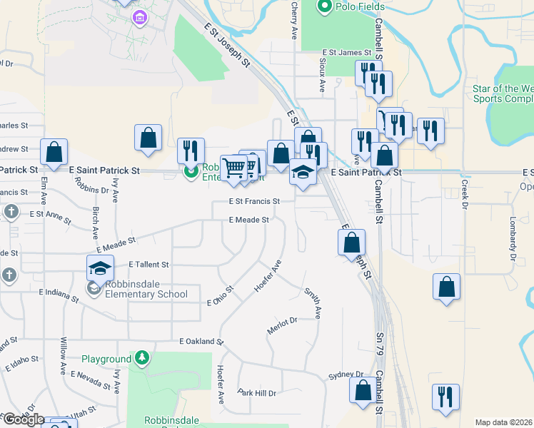 map of restaurants, bars, coffee shops, grocery stores, and more near 1040 East Meade Street in Rapid City