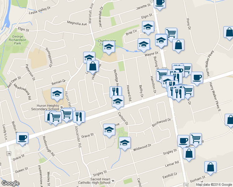 map of restaurants, bars, coffee shops, grocery stores, and more near 33 Rutledge Avenue in Newmarket