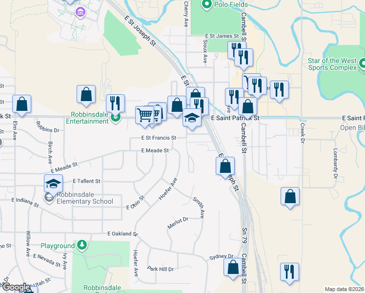 map of restaurants, bars, coffee shops, grocery stores, and more near 1122 East Meade Street in Rapid City