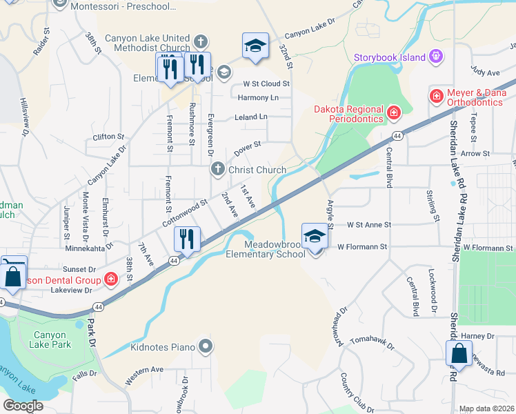 map of restaurants, bars, coffee shops, grocery stores, and more near 3312 Jackson Boulevard in Rapid City