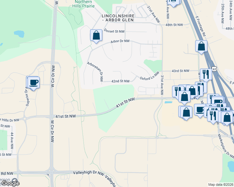 map of restaurants, bars, coffee shops, grocery stores, and more near 3520 42nd Street Northwest in Rochester