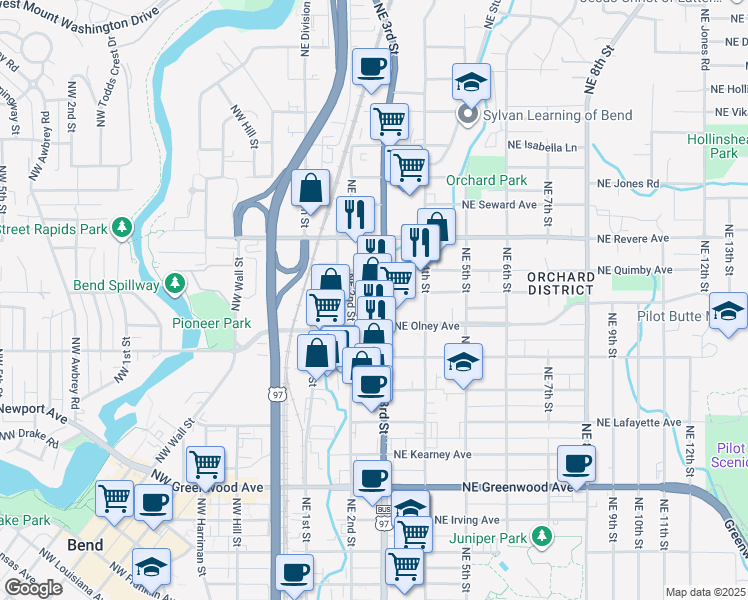 map of restaurants, bars, coffee shops, grocery stores, and more near 202 Northeast Olney Avenue in Bend