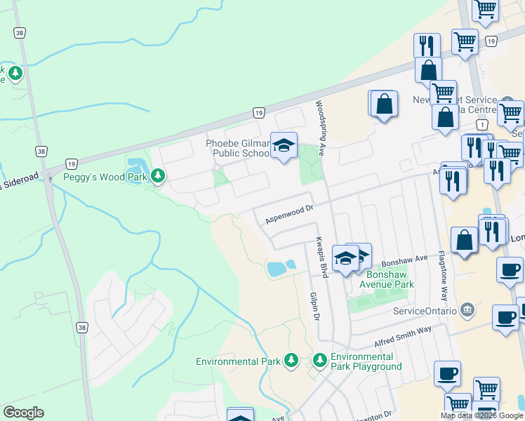 map of restaurants, bars, coffee shops, grocery stores, and more near 218 Emma Broadbent Court in Newmarket